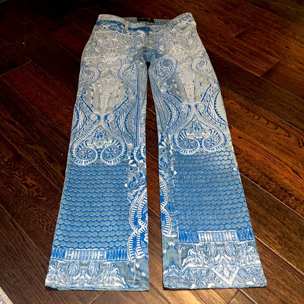 Roberto Cavalli Blue and White Patterned Women Jeans